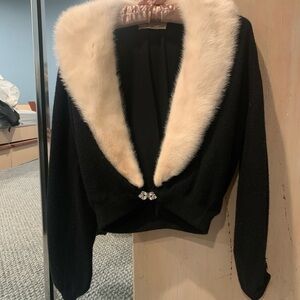 Vintage Black Cardigan with Cream Fur Collar